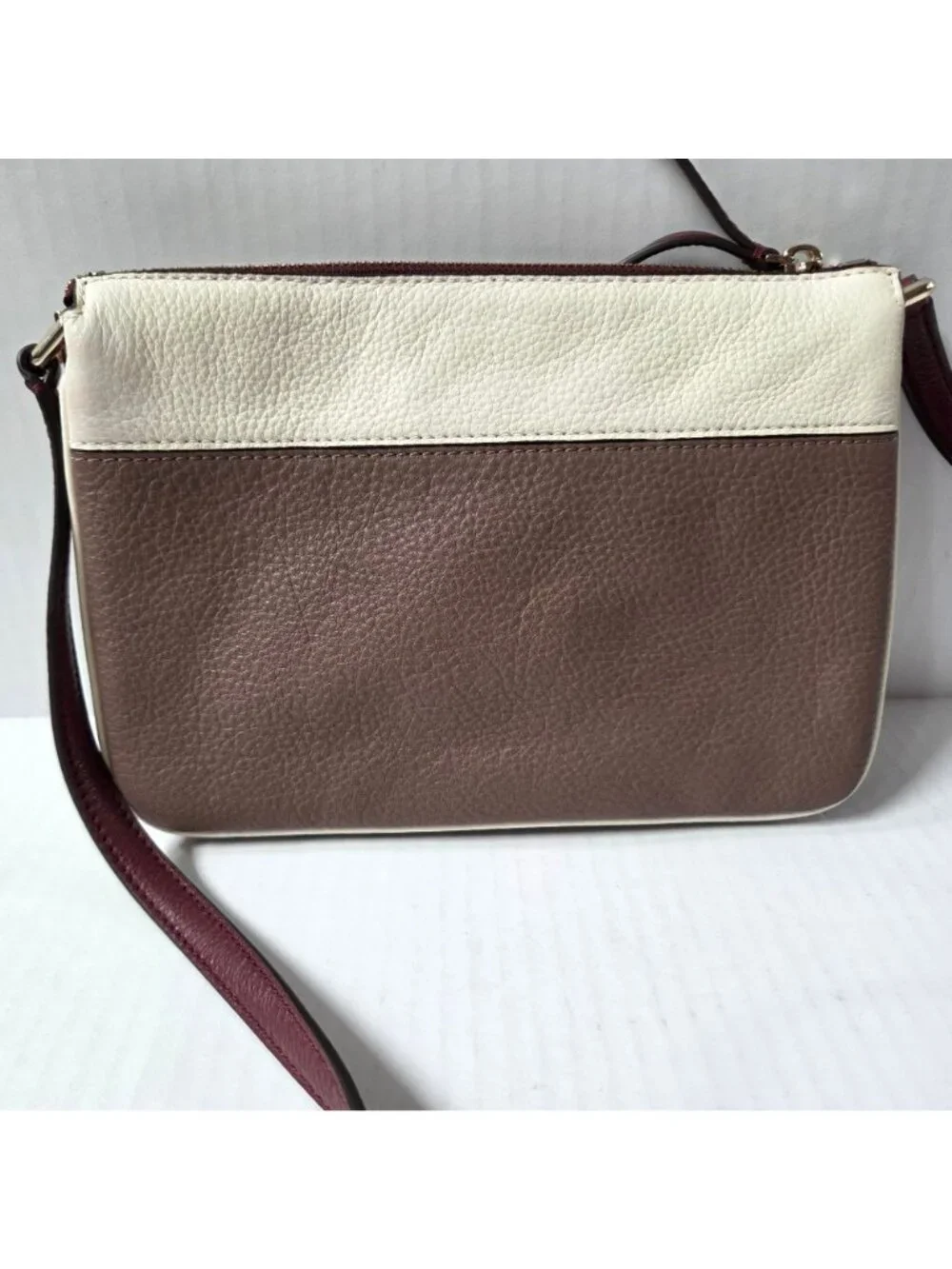 Kate Spade Purse Jackson Triple Gusset Neutral Cream Brown Leather Crossbody Bag